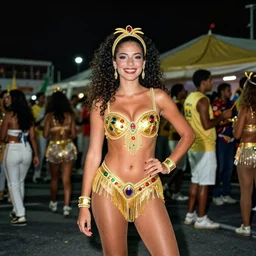 color photograph portrait of a beautiful woman in dress as the brazilians carnival, smile tights, people, night, summer, dramatic lighting, 1 9 9 0 photo from live magazine.