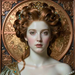 face centered portrait, artwork by james jean, hyperdetailed realistic smooth polished porcelain, beautiful russian queen, jean delville, art nouveau, gustav klimt, ornate copper patina gothic icon, james jean, ultrasharp hyperdetailed photorealistic octane render
