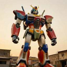 colourful giant mecha ROBOT of AJEGUNLE SLUMS of Lagos, markings on robot, Golden hour,