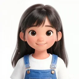 a painting of cute Asian girl smiling, plastic overalls, in the style of Pixar animation, low angle view, 16mm lens, award winning, hyper detailed, dramatic lighting, artstation, octane renderer, unreal engine