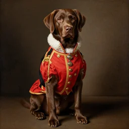 a brown labrador dog sitting wearing a royal suit, renaissance painting, high quality, high detail, portait
