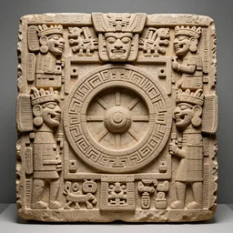 a decorative Aztec stone panel depicting aztec gods using a stargate. Aztec artifact by Pacal Votan. 4K high quality museum collection photograph