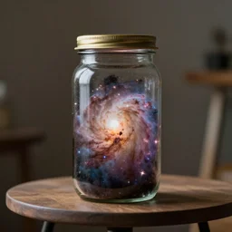 a nebula explosion inside of a jar placed on top of a table,8k, photorealistic, advertisement photography,