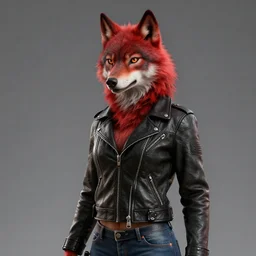 upper body shot, anthropomorphic female wolf with red fur, wearing a black leather jacket and denim pants, octane render, detailed, unreal engine 5, cinema 4 d cinematic, artstation, in the style of triateix