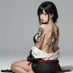 a young and beautiful yakuza girl sitting with her back uncovered dropping her kimono, looking backwards, with a beautiful big tattoo painted on her bare back, character art, illustration, elegant, 2d, ultra highly detailed, digital painting, smooth, sharp focus, artstation, pixiv, art by Ilya Kuvshinov