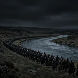 medieval fantasy Army marching along a river, Scenic view at night, underexposed, clean horizon, matte painting by craig mullins and dan mumford, dark fantasy, style of game of thrones, concept art trending on artstation, 4k, insane details