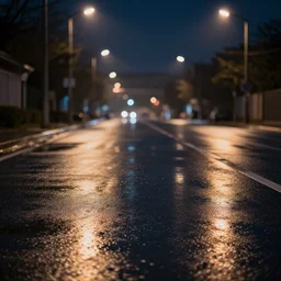 a close up picture of a wet reflective road reflecting streetlights, photography.