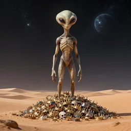a giant alien standing in a desert, first there must be death, by antoine wiertz and noah bradley, ascension, pile of crowns, interstellar civilisation, separated from purpose or meaning, until the time is right for it to take its place among the pale stars, visually stunning, cinematic, highly detailed, blender 3 d, trending on cgsociety, 3 d render, rendered in octane