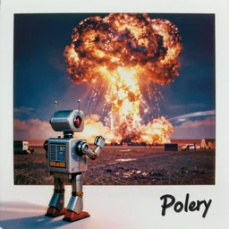 vintage polaroid of a 60s robot watching a nuclear explosion, color bleed, film grain