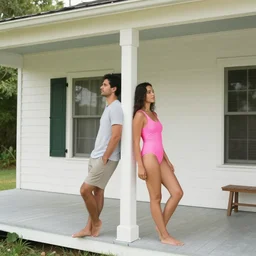 realistic photo of a couple leaning against the porch a white house, the girl is wearing a pink swimming suit