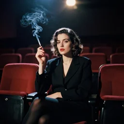 A portrait photography of a woman seating in an old cinema theater and smoking. Noir style. Cinematic frame. Kodak Ekrachrome 800 film. Lens flare. Contrast. Film grain.