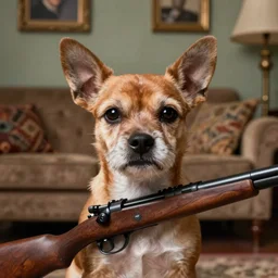 closeup portrait of a little funny dog with a rifle retro living room, depth of field, zeiss lens, detailed, centered, fashion photoshoot, by nicoletta ceccoli, mark ryden, lostfish, breathtaking, 8 k resolution, extremely detailed, beautiful, establishing shot, artistic, hyperrealistic, octane render,