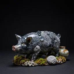 a pig and blackberry sculpture, obsidian and glass and pumice and japanese glazed pottery, moss, lichen, antique, black background, dramatic lighting, negative space, zen,