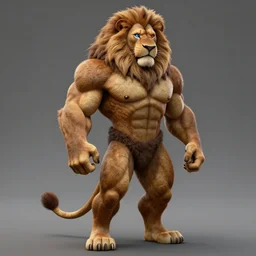 a handsome muscular bodybuilding anthropomorphic male lion, with a thick long mane, and brown fur covering his whole body, blue right eye, red left eye, unreal engine, full body pose