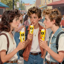 a painting of three male teenagers with rockabilly haircuts holding yellow icw pops and looking at women in the streets high details