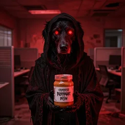 hyperrealistic photograph of an unsettling eldritch cultist dog glowing red eyes holding a jar of cursed forbidden peanut butter, lovecraftian horror, dramatic red scary lighting, horror, eldritch horror, red hue, creepy abandoned office cubicle in the background