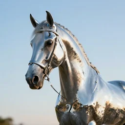 knight horse, chrome, reflect, ultra realistic!!!, clear weather, golden hour, sharp focus