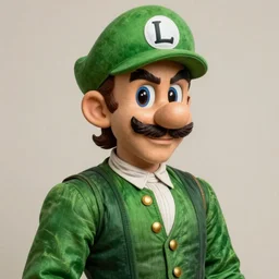 hyper realistic, realistic - anime, portrait, beautifully rendered, italian garb from 1 9 th century, caricature, luis guzman as luigi wearing green, smirking deviously, luigi, luigi's nose, painted by jan van eyck, albrecht durer, gustave courbet, greg rutkowski, wlop, artgerm, dishonored 2,