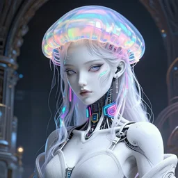 portrait of an absurdly beautiful, graceful, sophisticated, fashionable cyberpunk mechanoid, hyperdetailed illustration by irakli nadar, matt wisniewski style, intricate linework, white porcelain skin, iridescent jellyfish headdress, day - glow face paint, multi colored neon electronic collar, unreal engine 5 highly rendered, global illumination, radiant light, detailed and intricate environment