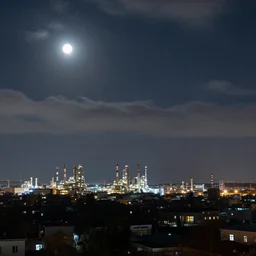 a big industrial city metropoli in the distance, cloudy dark sky, it's late at night the moon and the milky way shine, equirectaln, equirectangular