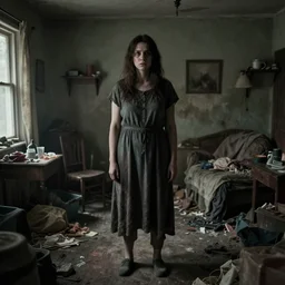 a woman with adhd - ip stands in her messy house. folk horror. detailed