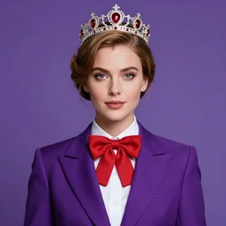 an elegant woman wearing a crown and a red bow tie, light brown hair, purple suit, purple background, very beautiful, artstation, high quality, sharp, by greg rutkowski, by artgerm, by alphonse mucha