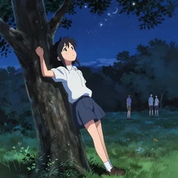 anime visual, full body illustration a young woman looking up at the stars leaning on a tree in a park at midnight, cute face by ilya kuvshinov, yoshinari yoh, makoto shinkai, katsura masakazu, dynamic perspective pose, detailed facial features, kyoani, rounded eyes, crisp and sharp, cel shad, anime poster, ambient light,