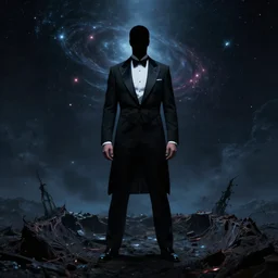 A faceless man in a tuxedo standing in a dark pit, fantasy portrait, cosmic horror concept art, 4k HD, trending on ArtStation