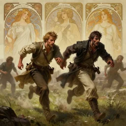 epic portrait Two survivors running away from a zombie chase, apocalypic backround, atmospheric, digital painting, artstation, concept art, soft light, hdri, smooth, sharp focus, illustration, fantasy, intricate, elegant, highly detailed, D&D, matte painting, in the style of Greg Rutkowski and Alphonse Mucha and artemisia, 8k, highly detailed, jurgens, rutkowski, bouguereau, pastoral, rustic, georgic