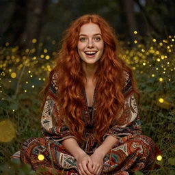 a totally amazed smiling young woman surrounded by golden firefly lights in a mesmerizing scene, sitting amidst nature fully covered! intricate detailed bohemian outfit, long loose red hair, precise linework, accurate green eyes, small nose with freckles, beautiful smooth oval head, expressive emotions, hyper realistic ultrafine portrait by artemisia gentileschi, jessica rossier, greg rutkowski