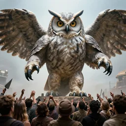 gigantic supreme owl god moloch attacking a crowd, photograph, realistic, john carpenter movie, cinematic