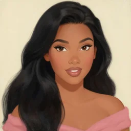 a beautiful curvy woman with long black hair, brown eyes, tanned skin as a disney princess. painting.