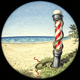 escher. composition : fish eye lens. style : litography. scenery : a sunny beach. subject : a snake with long red tail. action : the snake is climbing a barber pole.