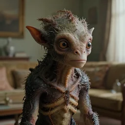 a strange creature in the living room, film still from the movie directed by Denis Villeneuve with art direction by Zdzisław Beksiński, close up, telephoto lens, shallow depth of field, beautiful detailed intricate insanely detailed octane render, 8K artistic photography, photorealistic