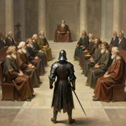 artwork of a lone warrior faced against a council of professors