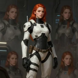 concept art by greg rutkowski, a very tall, slender redhead girl wearing futuristic white and black tactical gear, brutalist futuristic interior, dim lighting, detailed portraits, nostalgic atmosphere, scifi, digital painting, artstation, concept art, smooth, sharp foccus ilustration, artstation hq