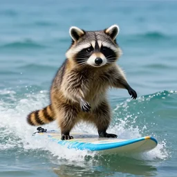 anthropomorphic raccoon rides a surfboard on the ocean