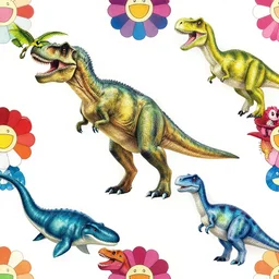 a colourful dinosaur pattern with tyrannosaurus rex, spinosaurus, mosasaurus and velociraptor in the style of takashi murakami, anime, fine detail, digital art, high resolution