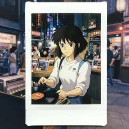 a full body polaroid portrait of a disney's 1 9 8 0's short hair girl working at a vinyl stall, finely detailed, closeup at the faces, busy cyberpunk city, gapmoe yandere grimdark, trending on pixiv fanbox, painted by makoto shinkai takashi takeuchi studio ghibli!, akihiko yoshida, pixar