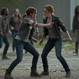 Still of Emma Watson fighting a zombie in Walking Dead