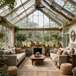 residential living room inside enormous greenhouse, cottagecore style architecture, interior view digital detailed matte painting