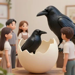 a group of people worshipping a giant crow's egg, octane render, trending on DeviantArt, highly detailed, high quality, 8K, soft lighting, cute, natural lighting, realistic face, trending on Artstation, e621, elegant clothes, profile picture, path traced, house background