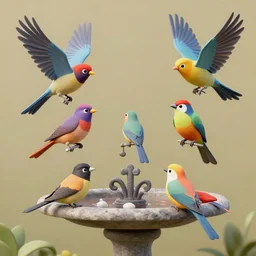 colorful birds at the bird bath, lowbrow, matte painting, 3 - d highly detailed, style of greg simkins r,