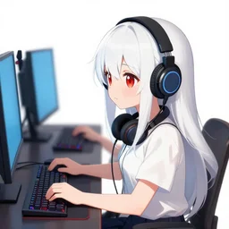 white long haired red eyed young cute girl wearing headset playing computer game pixiv ranking, mika pikazo, anmi, yumei style
