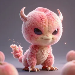 an alien with a face that looks like a fuzzy peach the peach is fuzzy pink warm and ripe the alien has horns and a mean smile the alien has chicken feet, 4k, highly detailed, high quality, amazing, high particle effects, glowing, majestic, soft lighting