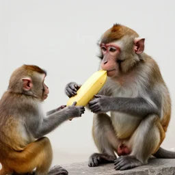 a monkey feeds a banana to a person, color high - quality photo