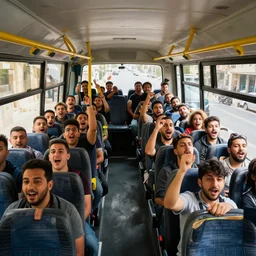 photo realistic, a 3 0 seat bus filled with guys, wearing kipas, cheering and singing, background windows show the streets of jerusalem.