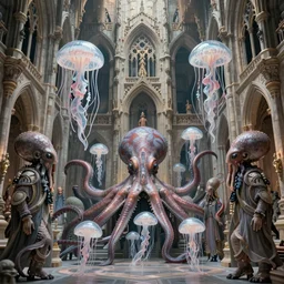 group of mankind species mages with big octopus heads and a lot of translucent jellyfishes floating around inside an ancient mage castle hall colossal scale, gothic and baroque, brutalist architecture, ultradetailed, Intricate by Ellen Jewett and Josan Gonzalez and Giuseppe Arcimboldo
