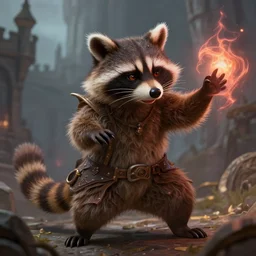closeup 2 8 mm anthropomorphic warlock raccoon casting a spell in a castle, d & d, fantasy, intricate, action pose, particle effects, highly detailed, digital painting, artstation, concept art, matte, sharp focus, volumetric lighting, illustration, hearthstone, art by artgerm, wlop, craig mullins, alphonse mucha