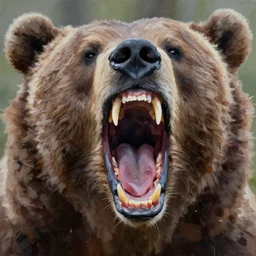 painting of close up of bear with and open mouth 3 ribs in between its teeth, frightening, disturbing, trending on artstation